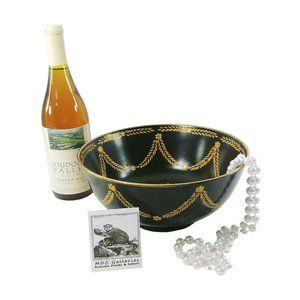 Bowl Andrea By Sadek Raised Laurel Leaf Design Orig Decal Black Gold 10" Vintage